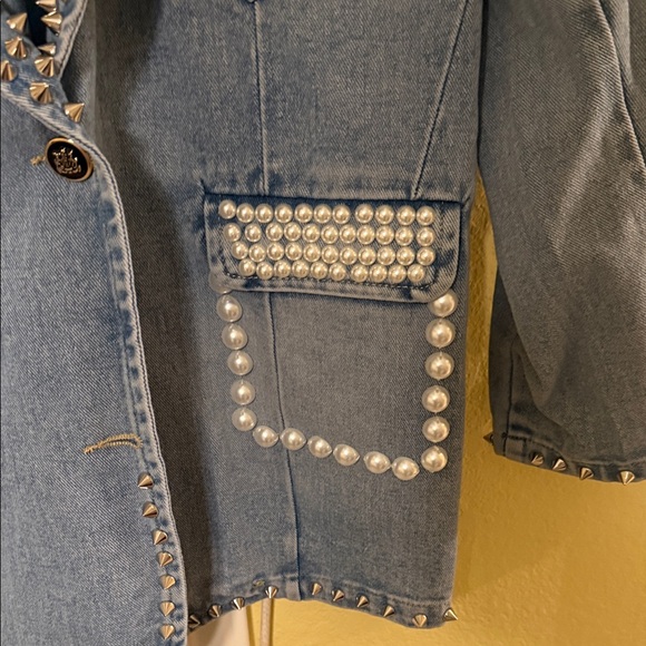 Studded Denim Jacket with Pearl Accents - Picture 4 of 4